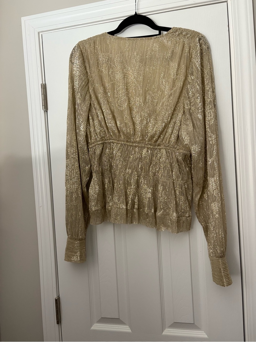 NWT By Anthropologie Metallic Gold Smocked Long Sleeve Peplum Blouse - Picture 4 of 5